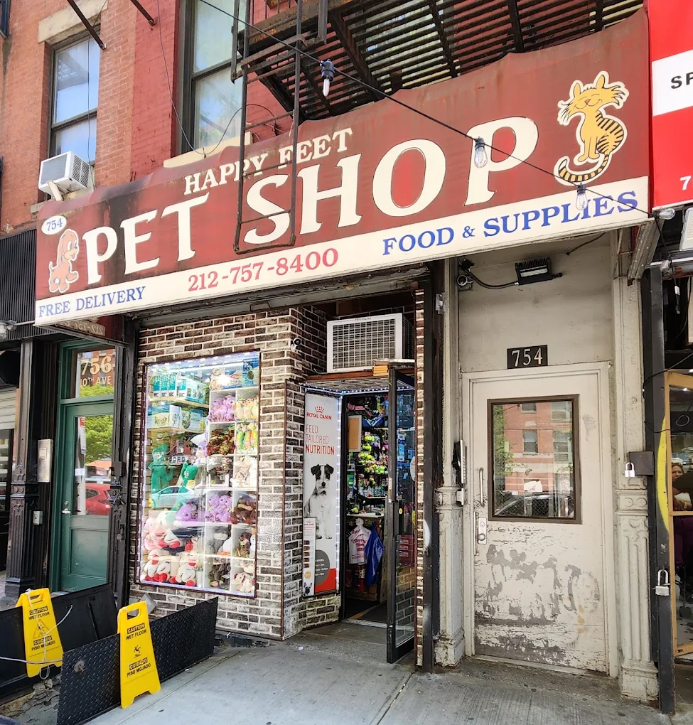 The storefront of Happy Feet Pet Shop on 10th Avenue in Manhattan
